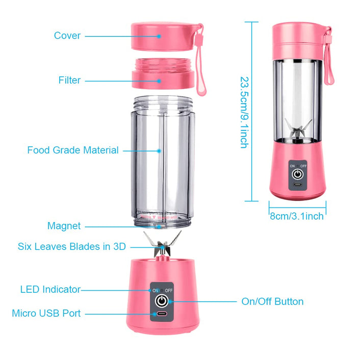 Ksera Przenośny blender, kubek do sokowirówki do smoothie, osobisty mini blender do smoothie, wstrząsów – sześć ostrzy, ładowana przez USB, ręczna sokowirówka do owoców (różowa)