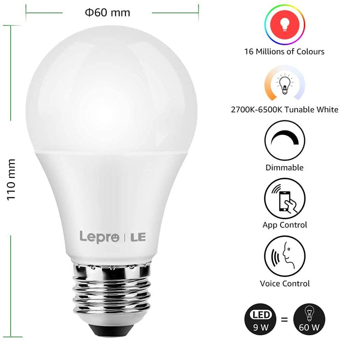 LEPRO Żarówka Alexa E27, inteligentna żarówka E27, Alexa Brine, inteligentna lampa LED, Wi-Fi, 9 W, 806 lm, WiFi, ściemniana żarówka, 2700-6500 K, sterowanie za pomocą aplikacji kompatybilna z Alexa Echo, Google Home, 2 sztuki