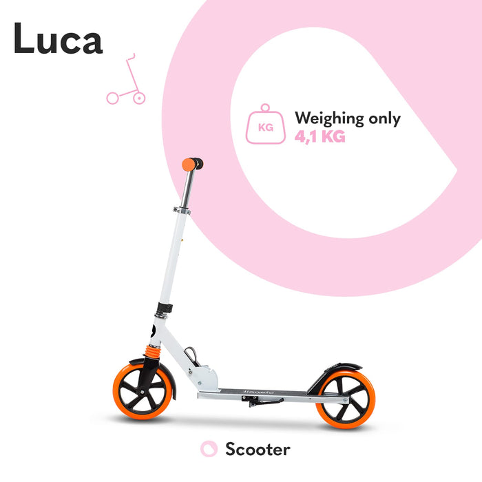 LIONELO Luca hulajnoga do 100 kg, lekka wytrzymała i składana konstrukcja, amortyzator, duże koła, regulowana wysokość kierownicy, antypoślizgowy podest, amortyzacja ShockResist … (BIało/Pomarańczowy)