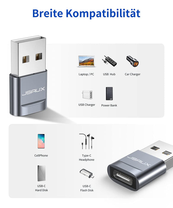 JSAUX Adapter USB A na USB C [2 sztuki] USB typ C kompatybilny z MacBook Pro 2018/2017/2016, Samsung Galaxy A70/A50/S9/S8//S8+/Note 8, Google Pixel 2/2XL, Nexus 6P/5X, LG G5/G6 szary