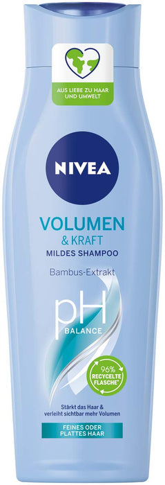 Nivea Volume & Strength łagodny szampon, 250 ml, pielęgnujący i objętościowy szampon z ekstraktem z bambusa, szampon do włosów dla widocznej większej objętości