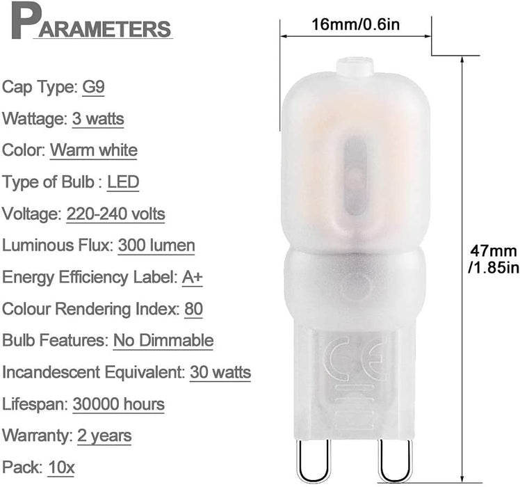 Żarówka LED G9, 10 szt., Bombubilla bez migotania, 3 W, żarówka LED Base Pin G9, 3000 K, ciepła biel AC 220 V, zastępuje żarówki halogenowe 30 W, bez możliwości ściemniania