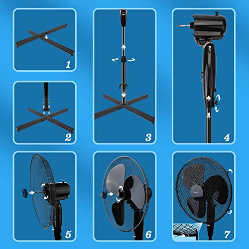 Aigostar Molly 33NFR - wentylator stojący 3 prędkości, 40 W. wysuwana stopka, długi kabel, bezpieczna kratka, czarny, ekskluzywny design.