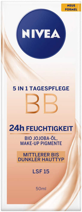 NIVEA BB 5 w 1 pielęgnacja dzienna, 24 h, nawilżenie (50 ml), krem BB do średnich i ciemnych rodzajów skóry z LSF 15, barwiony krem na dzień z ekologicznym olejkiem jojoba i pigmentami do makijażu