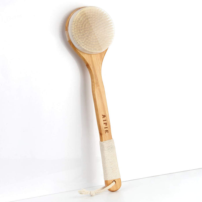 AIPIE Szczotka do kąpieli, szczotka do ciała, 25 cm, długi uchwyt bambusowy, naturalne włosie, szczotka do pleców, wspomagająca krążenie krwi, sucha szczotka do mycia pleców (antypoślizgowa)