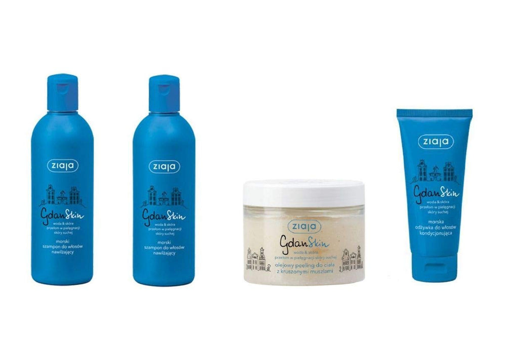 Ziaja GDANSKIN nawilżający szampon do włosów 300 ml. x 2, odżywka do włosów w kolorze morskim 100 ml, peeling do ciała z muszelkami 300 ml (zestaw do ciała/włosów)