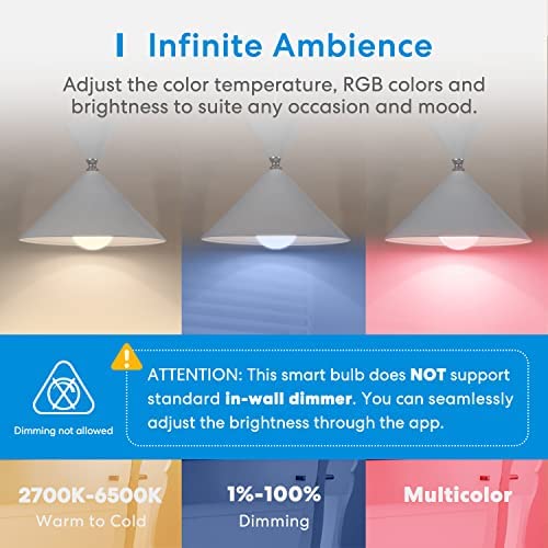 Inteligentna Żarówki LED, Ściemnialna Żarówka Meross Wi-Fi Inteligentna Wielobarwna Żarówka Odpowiednik 60W E27 2700K-6500K, Lompatybilna z Alexa, Google Home i SmartThings, Ciepła Biel, 4 Sztuki