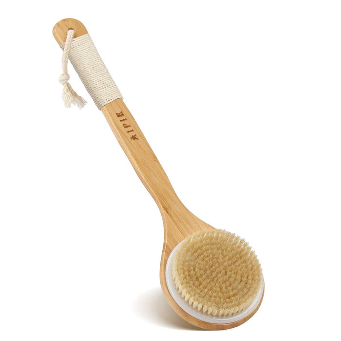 AIPIE Szczotka do kąpieli, szczotka do ciała, 25 cm, długi uchwyt bambusowy, naturalne włosie, szczotka do pleców, wspomagająca krążenie krwi, sucha szczotka do mycia pleców (antypoślizgowa)