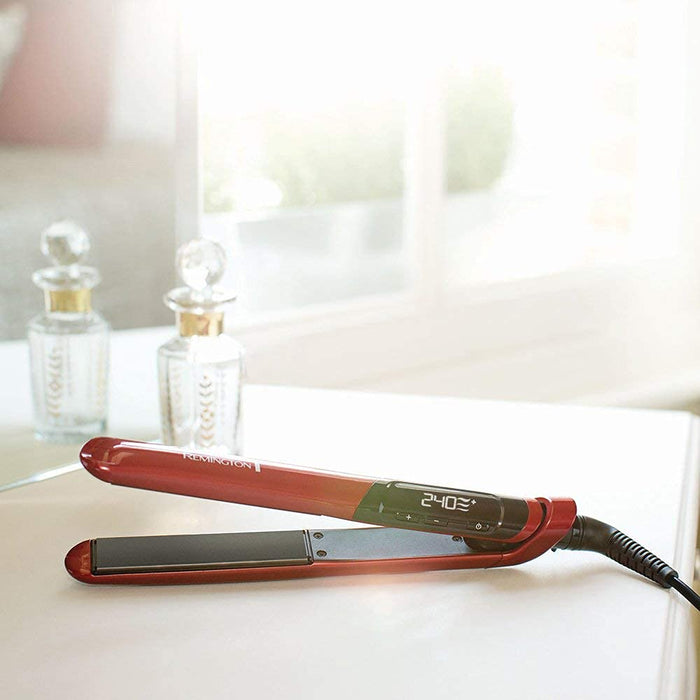 Remington prostownica do włosów, powłoka ceramiczna z proteinami jedwabiu, zakres temp. 150-235°C, funkcja Turbo, szybkie nagrzewanie, obrotowy przewód, eleganckie etui, czerwono-czarna, Silk S9600
