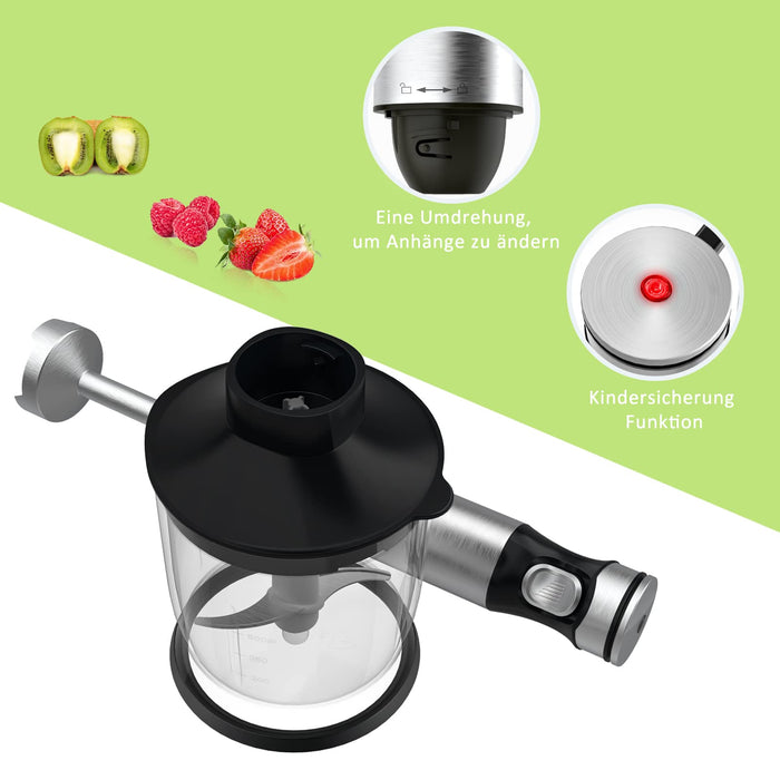 Blender ręczny ze stali nierdzewnej, 1000 W, 4 w 1, wielofunkcyjny, bezstopniowa prędkość, 4 łopatki noża, 700 ml, kubek z miarką, mikser elektryczny rozdrabniacz
