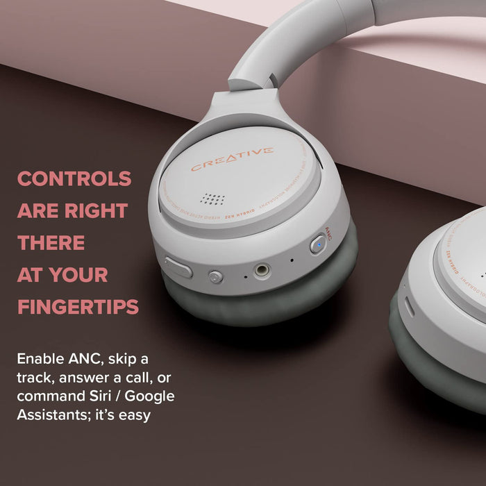 CREATIVE Bezprzewodowe słuchawki nauszne Zen z hybrydową aktywną redukcją szumów, trybem ambientowym, do 27 godzin (ANC ON), Bluetooth 5.0, AAC, wbudowany mikrofon, biały, EF1010