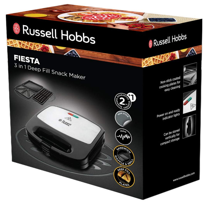 Russell Hobbs Urządzenie wielofunkcyjne 3w1 Fiesta (opiekacz do kanapek, gofrownica, grill), płyty można myć w zmywarce (możliwość rozbudowy: Cake Pop, Mini Donut, Churros) 24540-56
