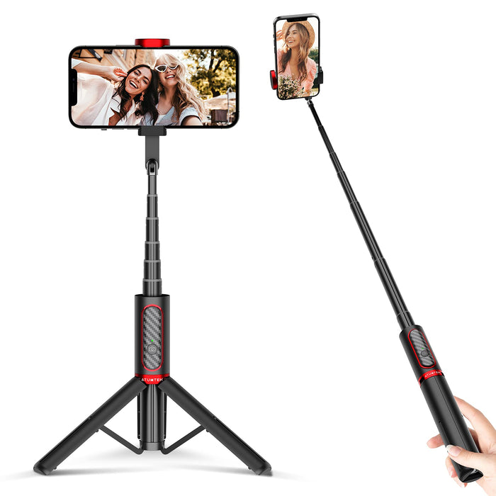 ATUMTEK Statyw do selfie Stick wysuwany 3 w 1 aluminiowy kij do selfie Bluetooth z bezprzewodowym pilotem do iPhone 13/13 Pro/12/11 Pro/XS Max/XS/XR/X/8/7, Samsung Huawei LG Google Sony, czerwony