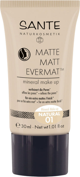 SANTE Naturkosmetik Matte Matt EvermatTM mineralny podkład 01 naturalny, jasny odcień skóry, matowe wykończenie, wegański, naturalny makijaż, 30 ml
