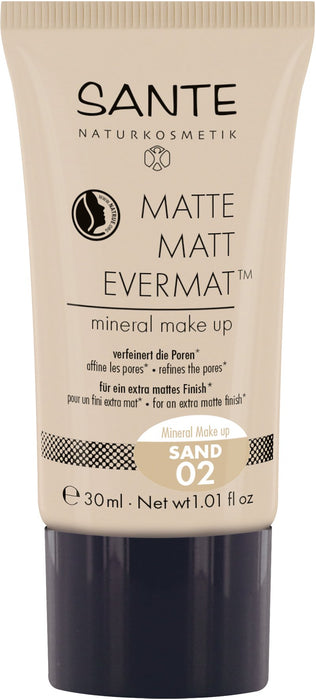 SANTE Naturkosmetik Matte Matt EvermatTM mineralny podkład 02 piasek, odcień średniego odcienia, matowe wykończenie, wegański, naturalny makijaż, 30 ml