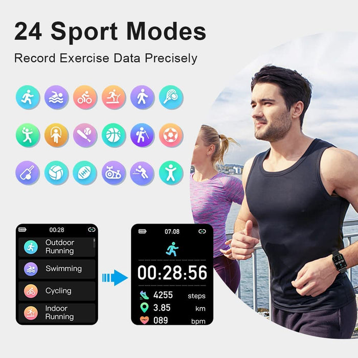 Cillso Inteligentny zegarek, monitor aktywności 1,7 cala, ekran fitness zegarek z pulsometrem, wodoodporny smartwatch IP68, dla mężczyzn i kobiet, monitor aktywności z 24 trybami sportowymi, krokomierz do systemu Android i iOS