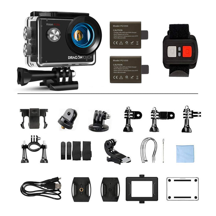 Dragon Touch Kamera sportowa 4K, 20 MP EIS odporna na wstrząsy podwodna 30 m wodoodporna kamera WiFi Action Cam z zestawem akcesoriów montażowych - Vision 4 Lite