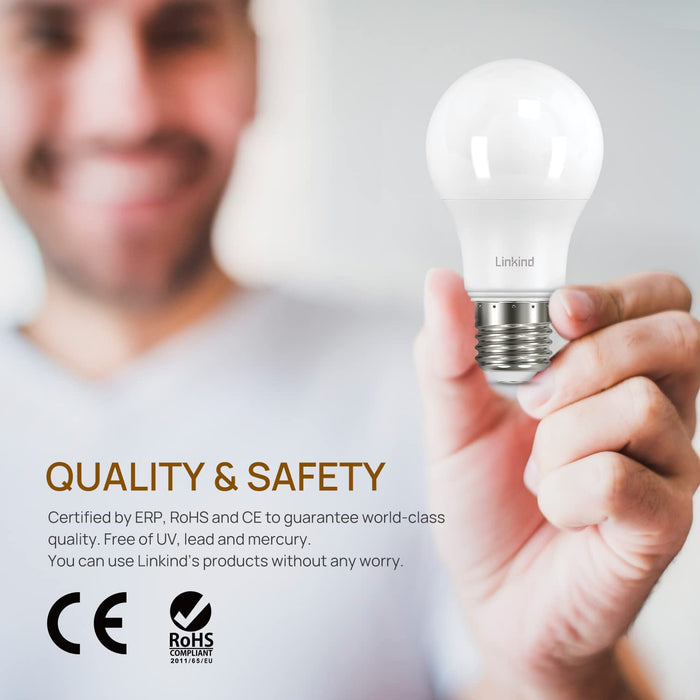 Linkind 8,2 W żarówka LED, zamiennik żarówki 60 W, E27 2700 K, ciepła biel, 806 lm kąt świecenia 200°, ErP, certyfikat CE, opakowanie 6 sztuk