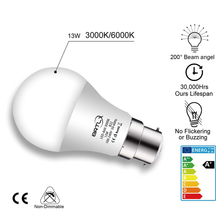 BRTLX 13 W B22 żarówki LED bagnetowe ciepłe białe 3000 K A60 200 stopni kąt świecenia 1040 lumenów matowe bez ściemniania 4-pak