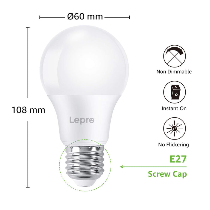 Lepro żarówka LED E27, 8,5 W, zamiennik żarówki halogenowej 60 W, 2700 K ciepła biel, żarówka LED A60, 220-240 V AC, kąt świecenia 200°, lampa energooszczędna, 6 sztuk