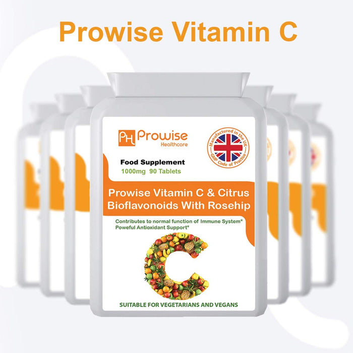 Witamina C 1000 mg z dzikiej róży i bioflawonoidami 90 wegańskich i wegetariańskich tabletek | przyczynia się do normalnego funkcjonowania układu odpornościowego - UK Manufactured | standardy GMP firmy Prowise Healthcare