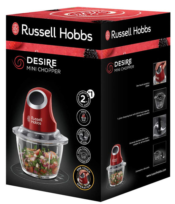 Russell Hobbs rozdrabniacz do warzyw, funkcja rozdrabniania, dwuskrzydłowe ostrza, ostrza ze stali nierdzewnej, szklany pojemnik, pojemność 0,5l, moc 200W, czerwony, Desire 24660-56