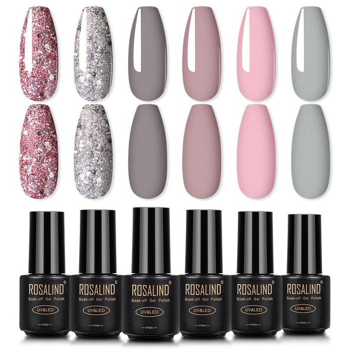 ROSALIND Zestaw Zelowych Lakierów Do Paznokci UV Zel Do Paznokci Roze Glitter Manicure Gel Nagellak Set Półtrwałe Lakiery Do Manicure 6 szt 7 ml