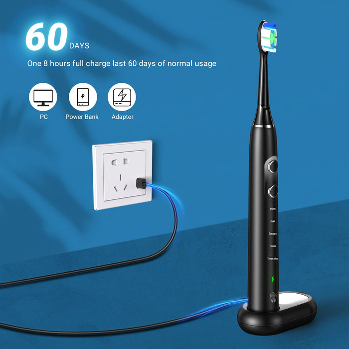 Tesaco Sonic elektryczna szczoteczka do zębów dla dorosłych, soniczne szczoteczki do zębów akumulatorowe z 6 główkami szczoteczki, 5 trybów, bezprzewodowe szybkie ładowanie przez 60 dni