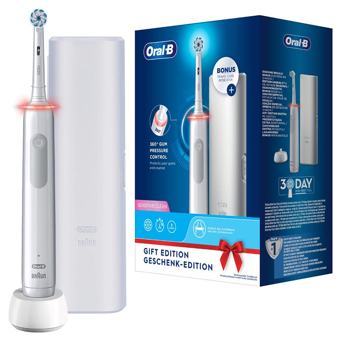 Oral-B PRO 3 3500 elektryczna szczoteczka do zębów, z 3 trybami czyszczenia i wizualną kontrolą docisku 360° do pielęgnacji zębów, etui podróżne, prezent dla niej / niego, biała