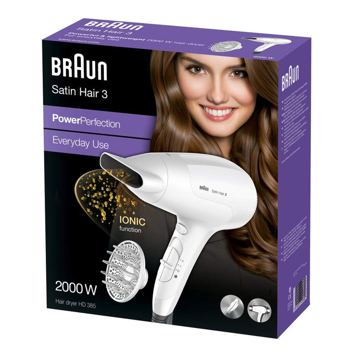 Braun Satin Hair 3 Power Perfection suszarka do włosów, profesjonalna suszarka do włosów z IonTec i dyfuzorem, HD385, biała