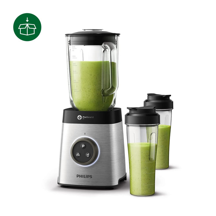 Philips Blender kielichowy oraz blender do smoothie - 1400 W, Szklany dzbanek 2 l, Aplikacja z przepisami, Płynna regulacja prędkości, Technologia ProBlend 6 3D (HR3655/00)