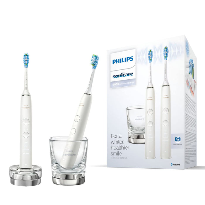 Philips Sonicare DiamondClean 9000 elektryczna szczoteczka do zębów, dwupak, HX9914/55 – 2 szczoteczki do zębów z 4 programami czyszczenia, timer i szkło do ładowania, nowa generacja, biała+biała