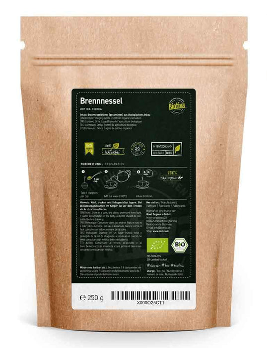 Biotiva Herbata z liści pokrzywy bio 250 g - herbata pokrzywowa luzem - czyste zioła pokrzywowe - napełniona i kontrolowana w Niemczech