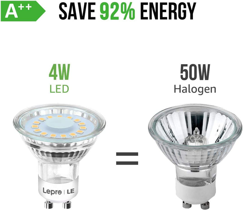 Lepro Żarówki LED GU10, ciepła biel żarówka LED GU10 4W (= 50W żarówka halogenowa), Reflektor LED 350lm 2700K, wiązka 120°, 10 Sztuk