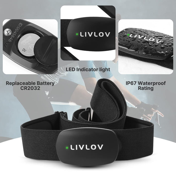 LIVLOV V6 monitor pulsu, pas piersiowy, tracker fitness IP67, wodoszczelny do Wahoo, Polar Beat, Strava, Zwift, Nike+ Run Club, obsługa Bluetooth 5.0 i ANT+, kompatybilny z iPhone i Android