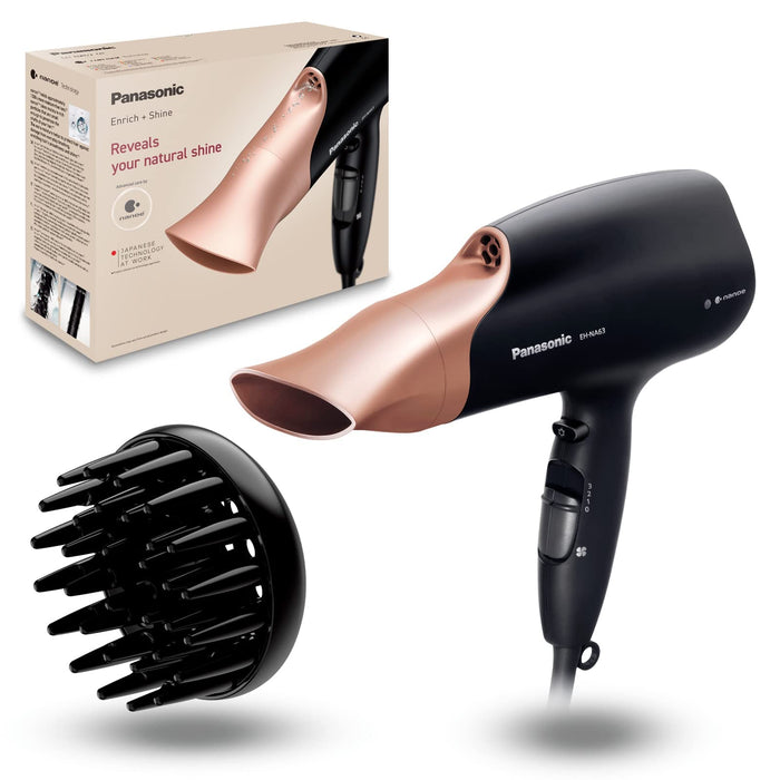 Panasonic EH-NA63 suszarka do włosów z technologią nanoe™ (2000W, 3 ustawienia prędkości, 4 temperatury, dyfuzor do suszenia loków), czarno-złota