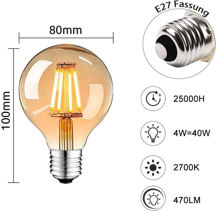 Żarówka Edison w stylu vintage, lampa LED Edison, ciepła biel, E27, 4 W, 2700 K, retro, antyczna żarówka, 470 lumenów, idealna do oświetlenia nostalgicznego i retro w rodzinie, hotelu, baru itp., 6 sztuk