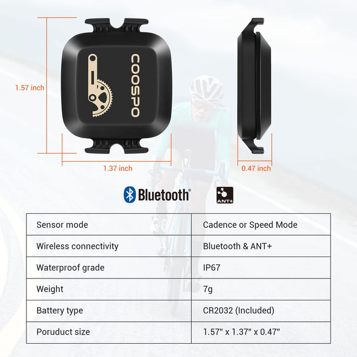 COOSPO Czujnik prędkości roweru i czujnik częstotliwości pedałowania, Bluetooth ANT+, czujnik prędkości Cadence Speed Sensor IP67, wodoszczelny, kompatybilny z komputerem rowerowym, Zwift, Rouvy, Kinomap i innymi