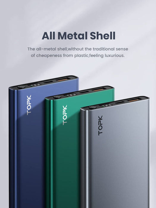 TOPK Power Bank Przenośna Ładowarka 10000 mAh USB C PD 20W , PD&QC 3.0 Szybkie ładowanie Battery Pack Kompatybilny z iPhone 13/13 Mini/13 Pro/13 Pro Max Samsung S20 Google LG iPad