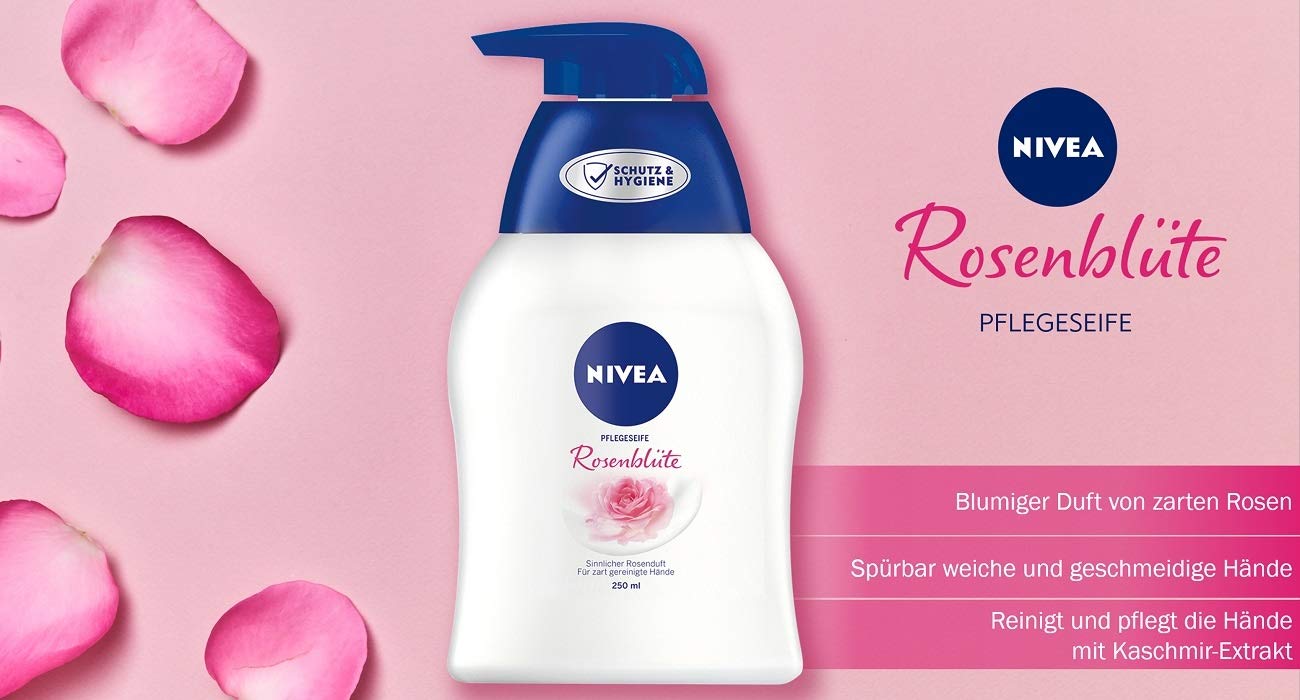 NIVEA Mydło pielęgnacyjne kwiat róży (250 ml), pielęgnujące mydło w płynie dla odczuwalnie miękkich, gładkich dłoni, przyjazne dla skóry mydło do rąk o zapachu kwiatu róży