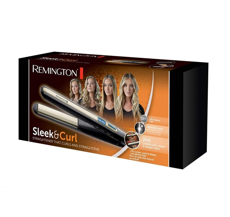 Remington prostownica do włosów z jonizacją, smukły kształt umożliwia kręcenie włosów, zakres temp. 150-230°C, szybkie nagrzewanie, obrotowy przewód, moc 42W, czarno-złota, Sleek&Curl S6500