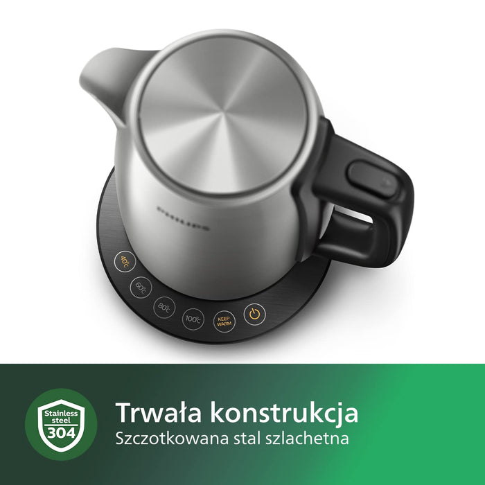 Philips Czajnik elektryczny - 1,7 l, Regulacja temperatury, Funkcja utrzymywania ciepła, Pokrywka z mechanizmem sprężynowym, Wskaźnik świetlny, Stal szlachetna, Obrotowa podstawa (HD9359/90)