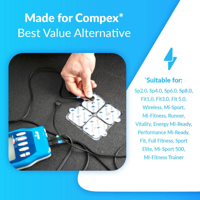 StimPads elektrody do Compex* Combo zestaw 12 elektrod (4 x 50 x 100 mm pojedynczy SNAP" i 8 x 50 x 50 mm). Idealnie współpracuje z Compex* SUPER PROMO!