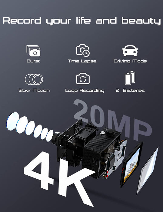 Apexcam kamera sportowa 4K z WiFi, 20 MP, Ultra HD, wodoodporna - 40 m, szeroki kąt widzenia 170°, 2,4 G, pilot zdalnego sterowania, 2 x baterie 1050 mAh, ekran LCD 2''