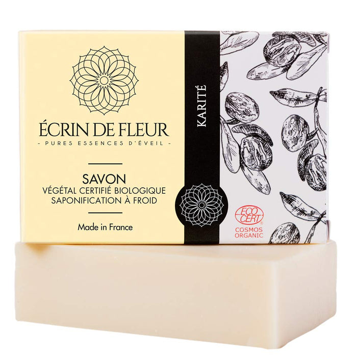 ÉCRIN DE FLEUR | mydło z masła shea | mydło naturalne bio mydło Ecocert | zawiera 40% organiczne masło shea z guinea i niezbędne kwasy tłuszczowe | nawilża, uspokaja suchą i wrażliwą skórę | 100 g