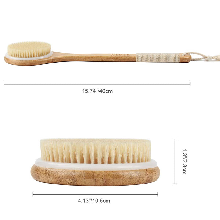AIPIE Szczotka do kąpieli, szczotka do ciała, 25 cm, długi uchwyt bambusowy, naturalne włosie, szczotka do pleców, wspomagająca krążenie krwi, sucha szczotka do mycia pleców (antypoślizgowa)