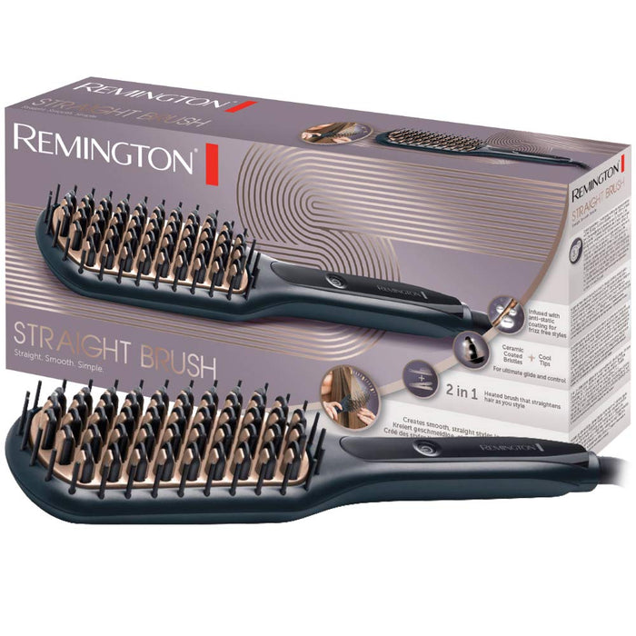 Remington szczotka prostująca z jonizacją, ceramiczne włosie z powłoką antystatyczną, 3 ust. temperatury, szybkie nagrzewanie, przewód 1.8m, etui, szara/brązowa, Straight Brush CB7400