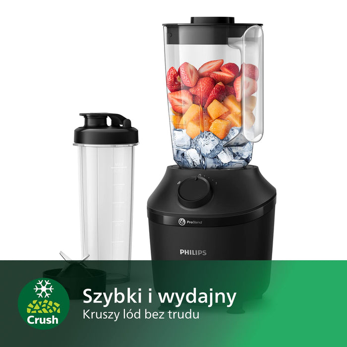 Mikser Stojący Philips, Moc 450 W, Technologia Problend, Plastikowy Zbiornik O Pojemności 1,9 L, Z Butelką Do Picia, Czarny, HR2041/41