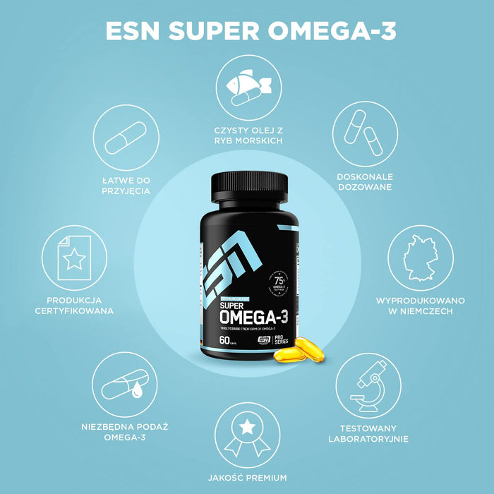 ESN Super Omega-3 - na 1000 mg czystego oleju z ryb morskich, który w 75% składa się z niezbędnych kwasów tłuszczowych omega-3 - 60 kapsułek