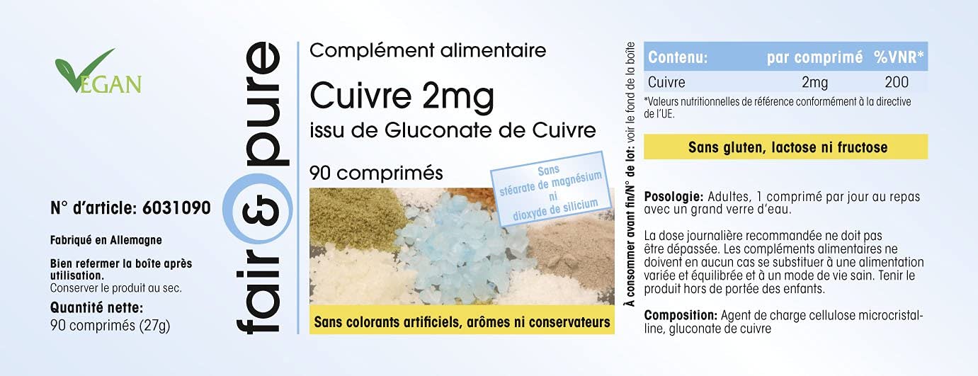 Miedź tabletki 2mg - glukonian miedzi - wegańskie - bez stearynianu magnezu - 90 tabletek